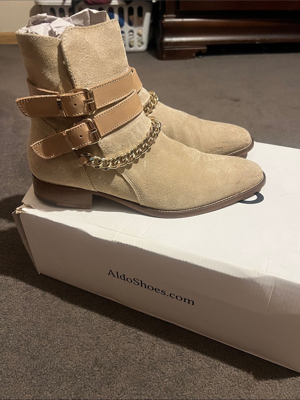 Aldo Tan Suede Ankle Boots with Gold Chain & Buckle Straps